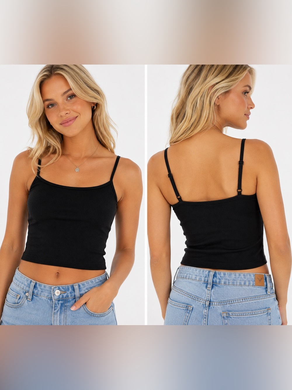 American Eagle Black Ribbed Cropped Cami Tank Top Size Medium